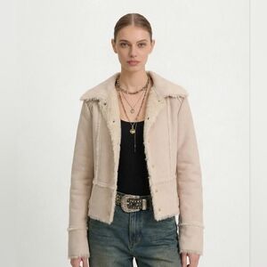 Faux Suede Fur Trim Jacket in Off White